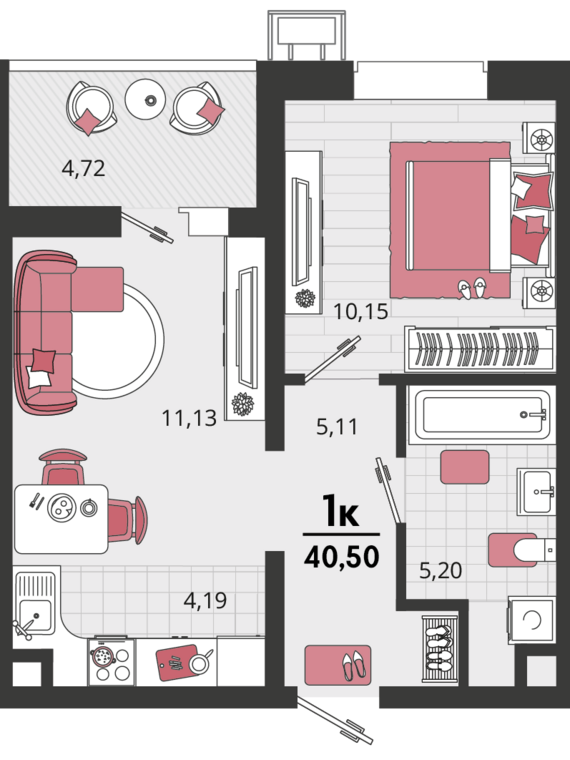 1-комнатная квартира №544 24,45 м2 от застройщика ГК ТОЧНО