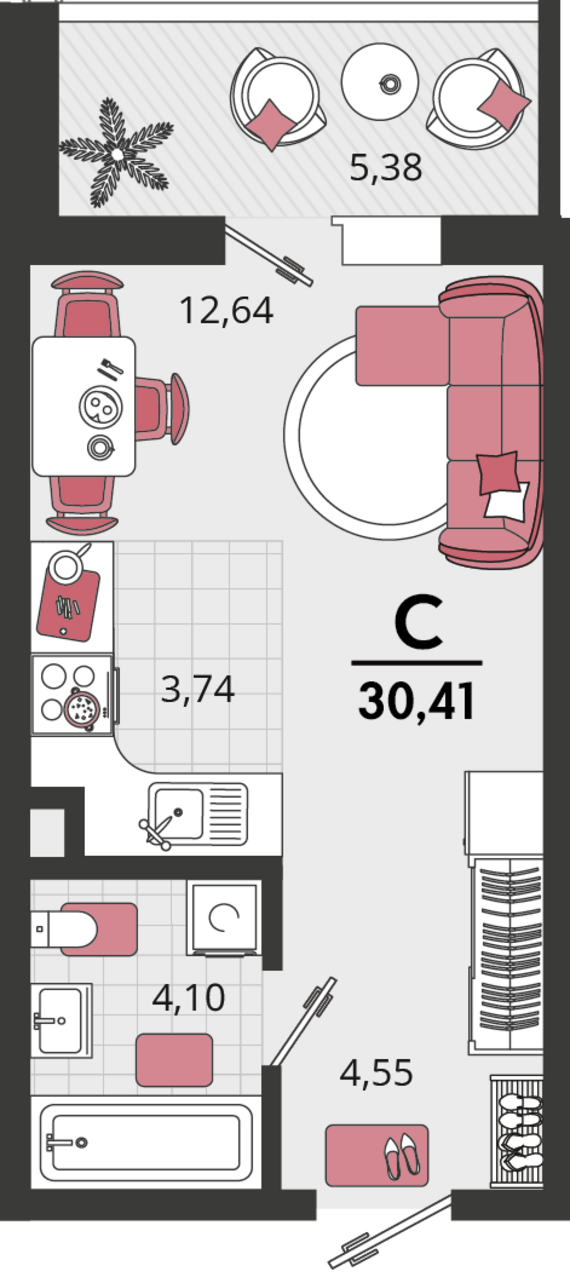 1-комнатная квартира №701 25,03 м2 от застройщика ГК ТОЧНО