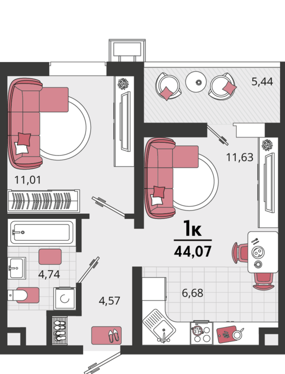 2-комнатная квартира №702 44,07 м2 от застройщика ГК ТОЧНО