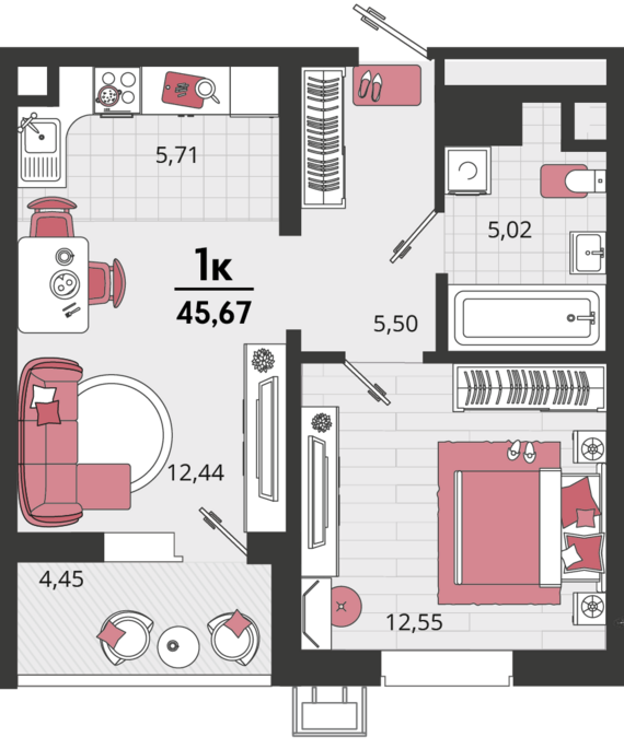 2-комнатная квартира №705 45,67 м2 от застройщика ГК ТОЧНО