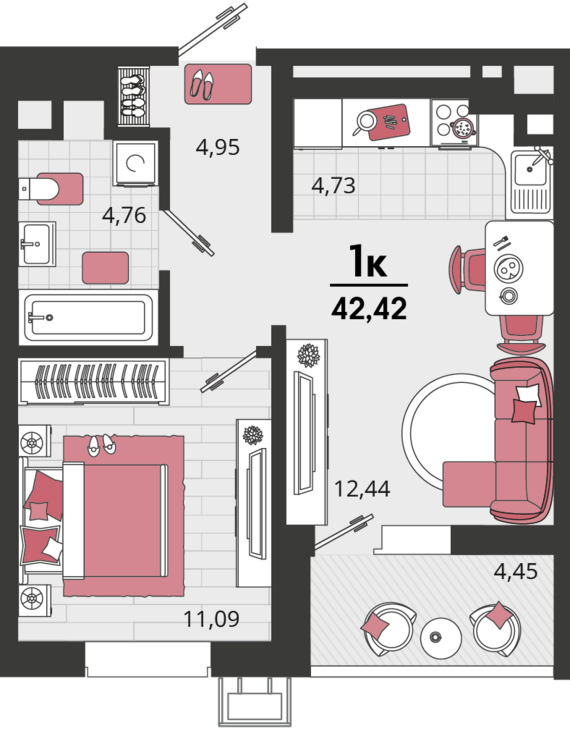 2-комнатная квартира №706 42,42 м2 от застройщика ГК ТОЧНО