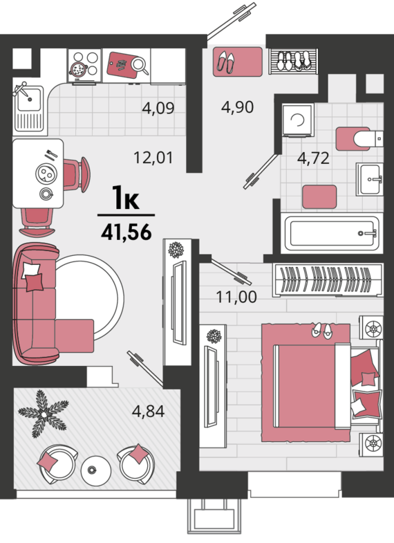 2-комнатная квартира №707 41,56 м2 от застройщика ГК ТОЧНО