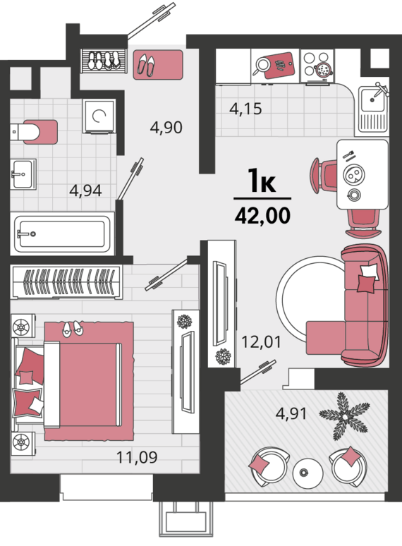 2-комнатная квартира №708 42 м2 от застройщика ГК ТОЧНО