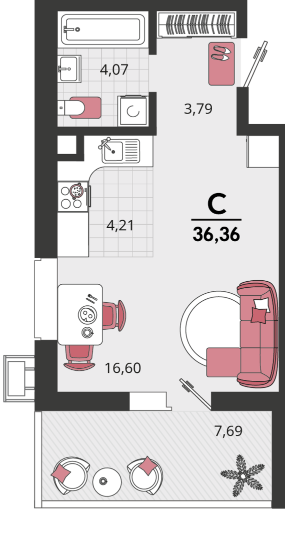 1-комнатная квартира №709 36,36 м2 от застройщика ГК ТОЧНО