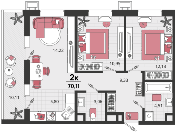 3-комнатная квартира №710 70,11 м2 от застройщика ГК ТОЧНО