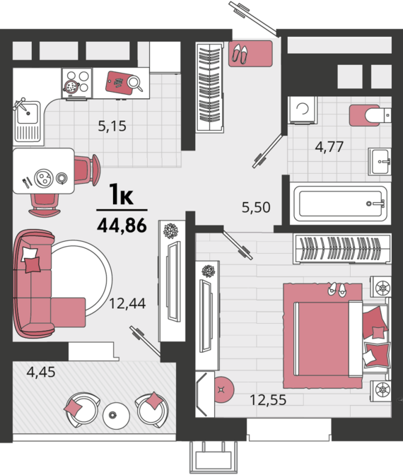 2-комнатная квартира №859 44,86 м2 от застройщика ГК ТОЧНО