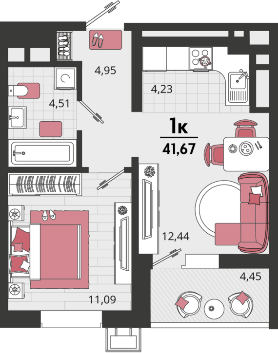 2-комнатная квартира №783 41,67 м2 от застройщика ГК ТОЧНО