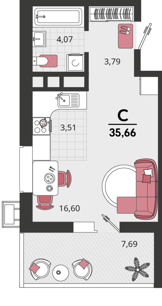 1-комнатная квартира №753 35,66 м2 от застройщика ГК ТОЧНО