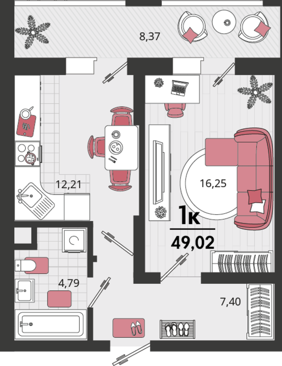 1-комнатная квартира №1 40,65 м2 от застройщика ГК ТОЧНО
