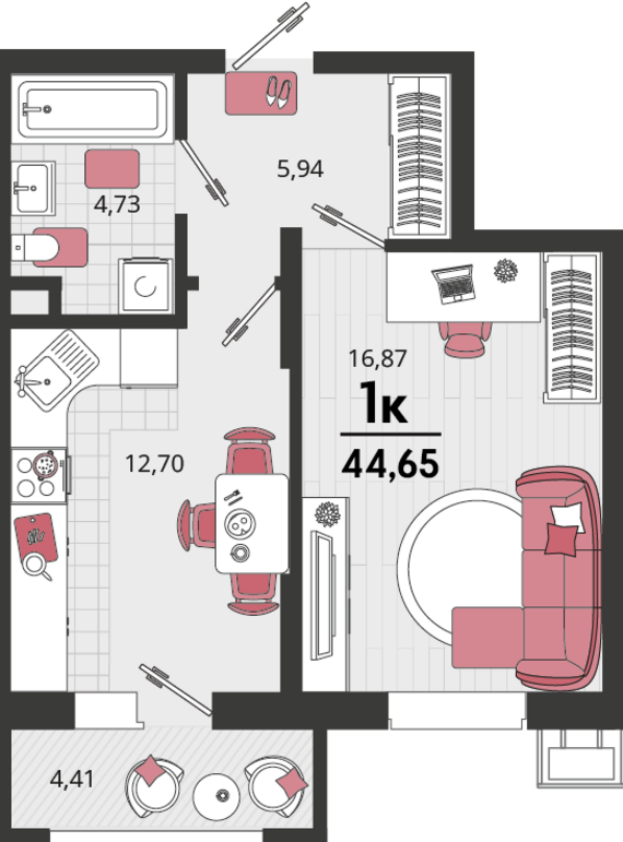 1-комнатная квартира №4 44,65 м2 от застройщика ГК ТОЧНО