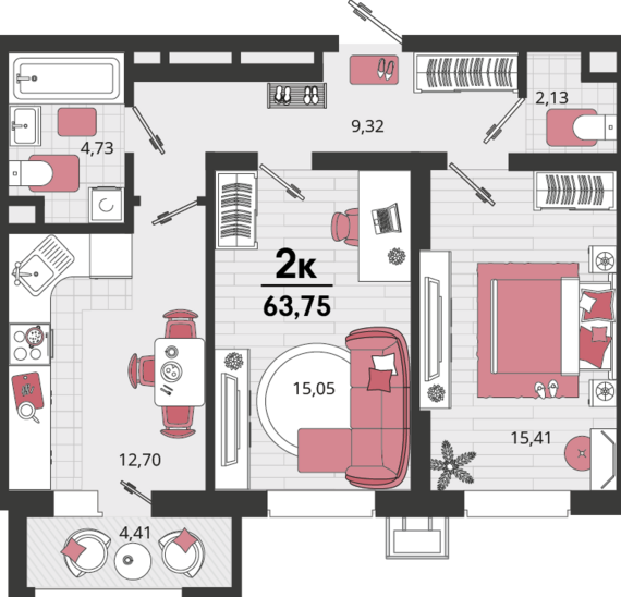 2-комнатная квартира №6 59,34 м2 от застройщика ГК ТОЧНО