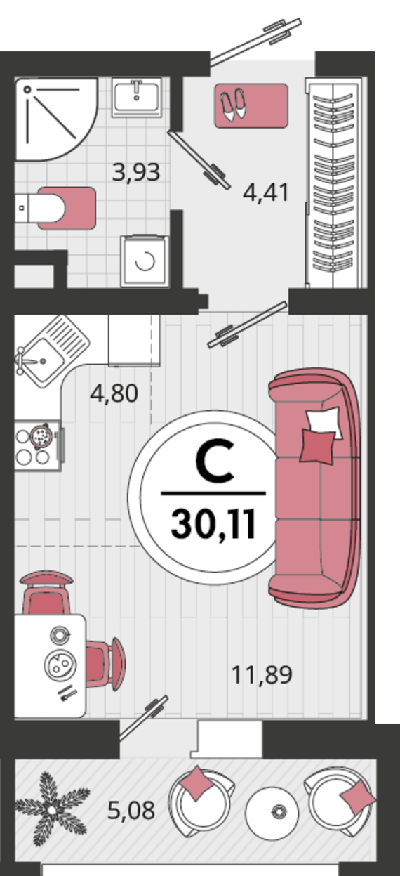 1-комнатная квартира №7 25,03 м2 от застройщика ГК ТОЧНО