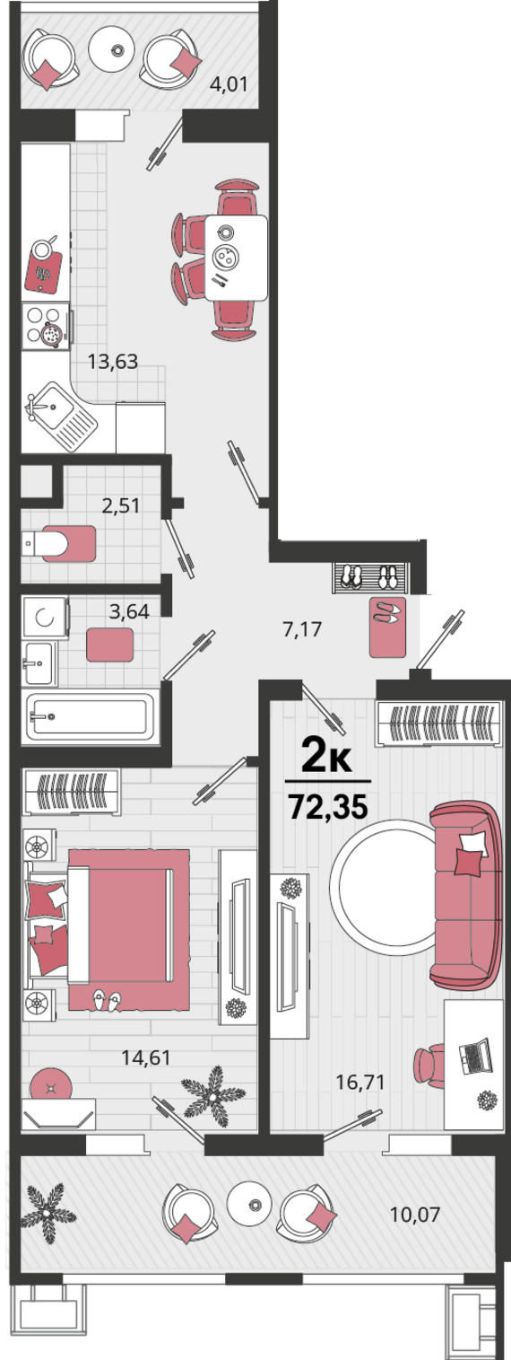 2-комнатная квартира №9 72,33 м2 от застройщика ГК ТОЧНО
