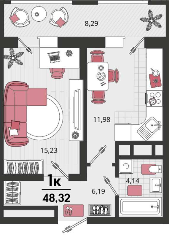 1-комнатная квартира №57 37,54 м2 от застройщика ГК ТОЧНО