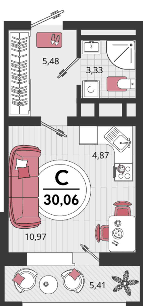 1-комнатная квартира №30 24,65 м2 от застройщика ГК ТОЧНО