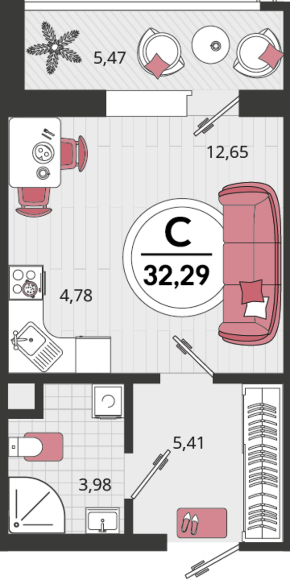 1-комнатная квартира №185 26,82 м2 от застройщика ГК ТОЧНО