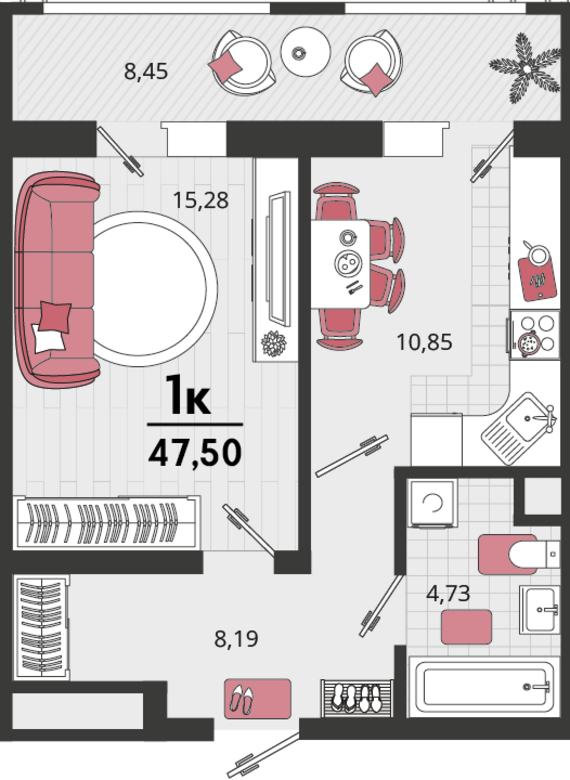 1-комнатная квартира №186 39,05 м2 от застройщика ГК ТОЧНО