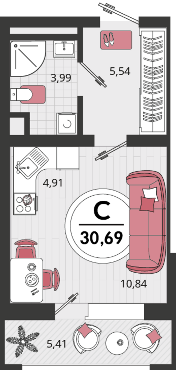 1-комнатная квартира №188 25,28 м2 от застройщика ГК ТОЧНО