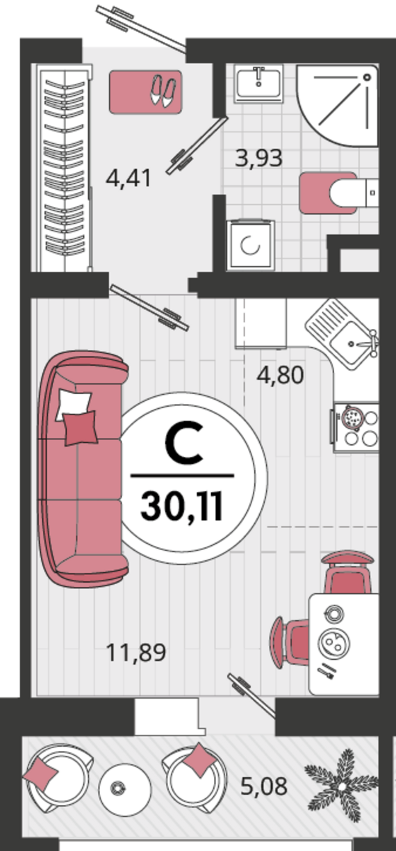 1-комнатная квартира №189 25,03 м2 от застройщика ГК ТОЧНО