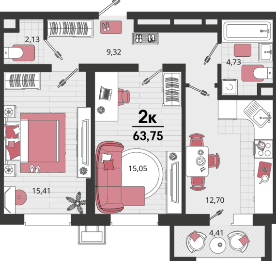2-комнатная квартира №190 59,34 м2 от застройщика ГК ТОЧНО