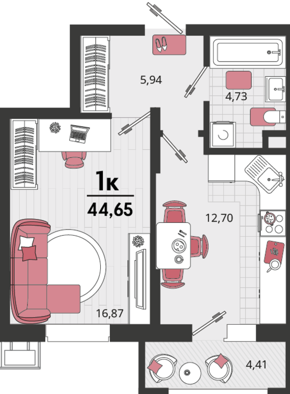 1-комнатная квартира №192 40,24 м2 от застройщика ГК ТОЧНО