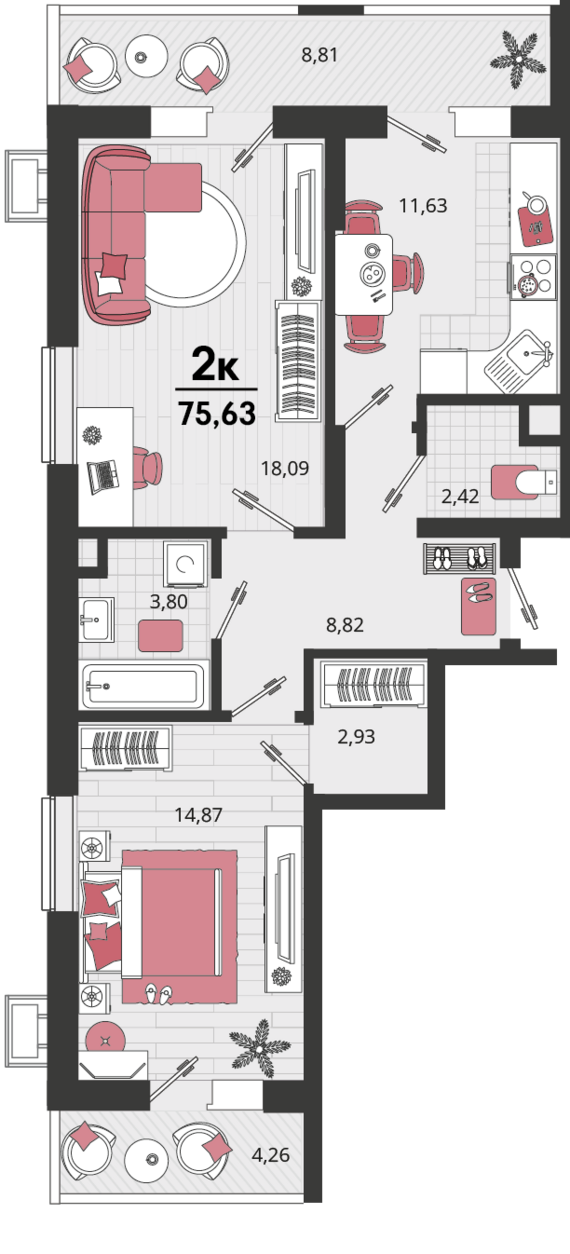 2-комнатная квартира №193 75,63 м2 от застройщика ГК ТОЧНО