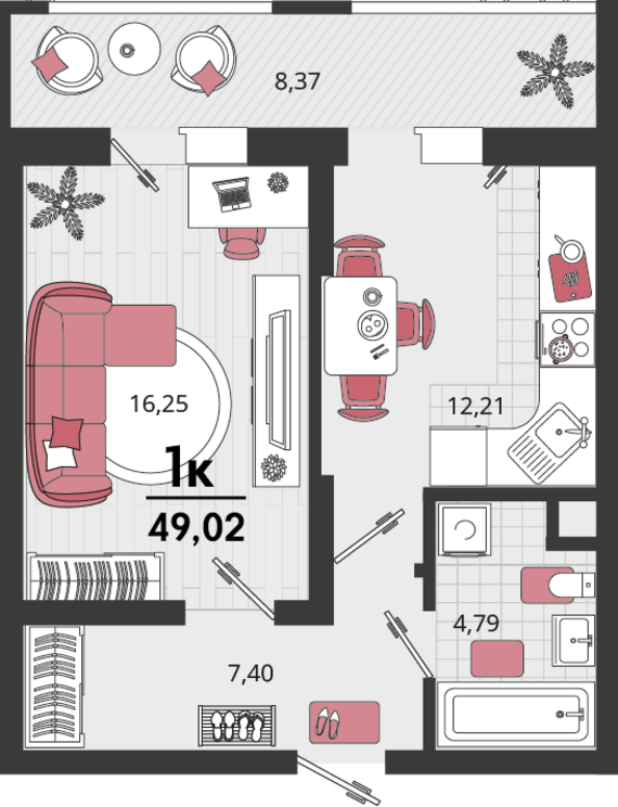 1-комнатная квартира №195 40,65 м2 от застройщика ГК ТОЧНО
