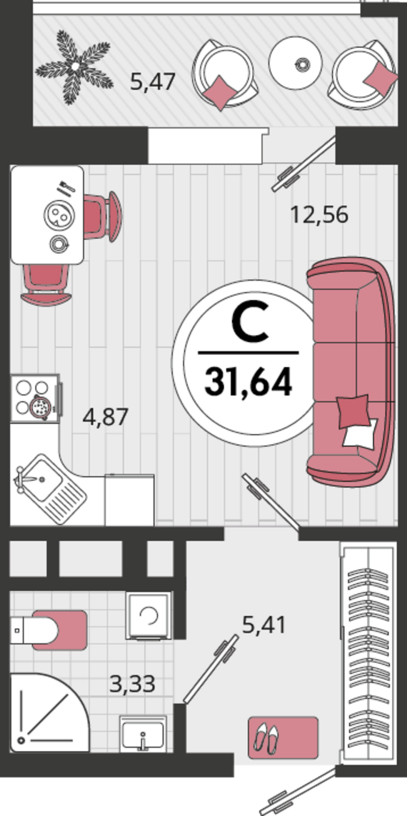 1-комнатная квартира №240 26,17 м2 от застройщика ГК ТОЧНО