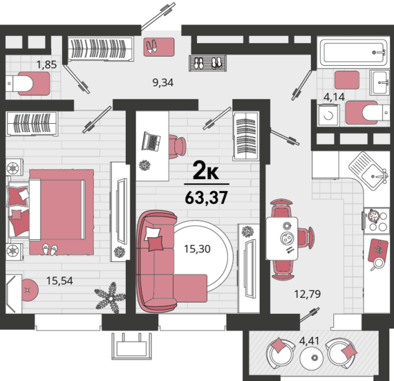 2-комнатная квартира №311 58,96 м2 от застройщика ГК ТОЧНО