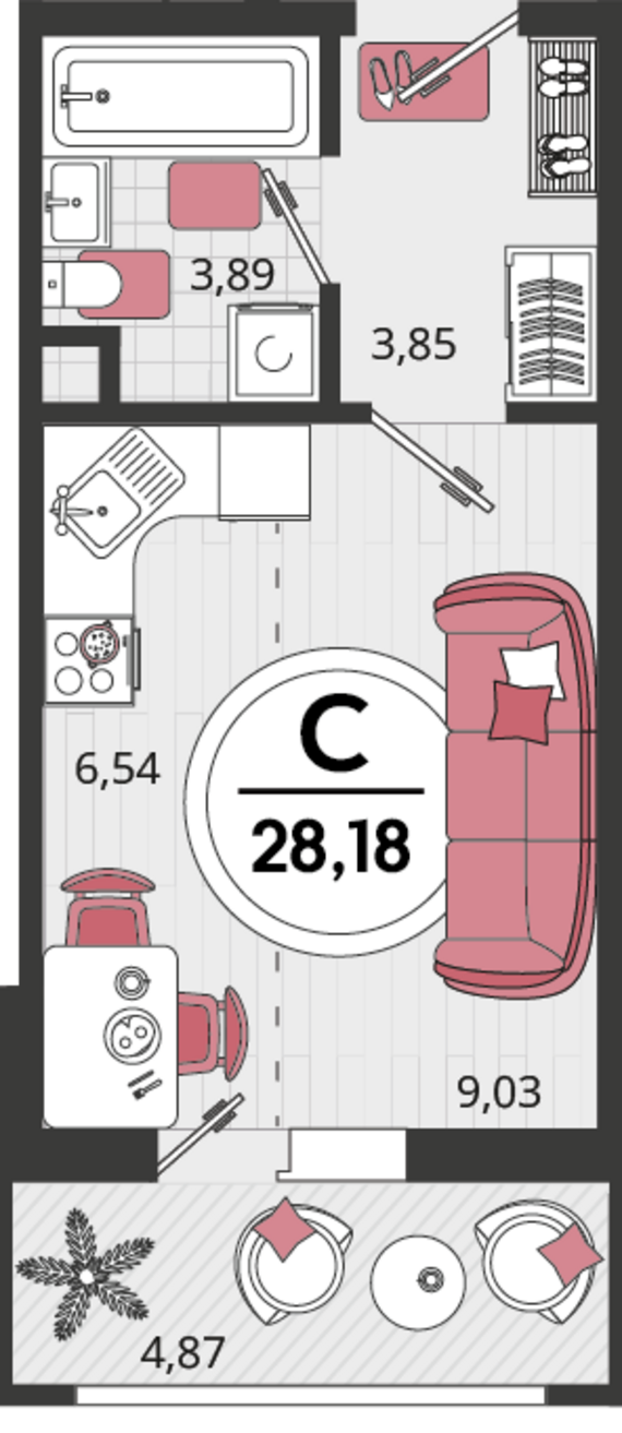 1-комнатная квартира №8 28,18 м2 от застройщика ГК ТОЧНО