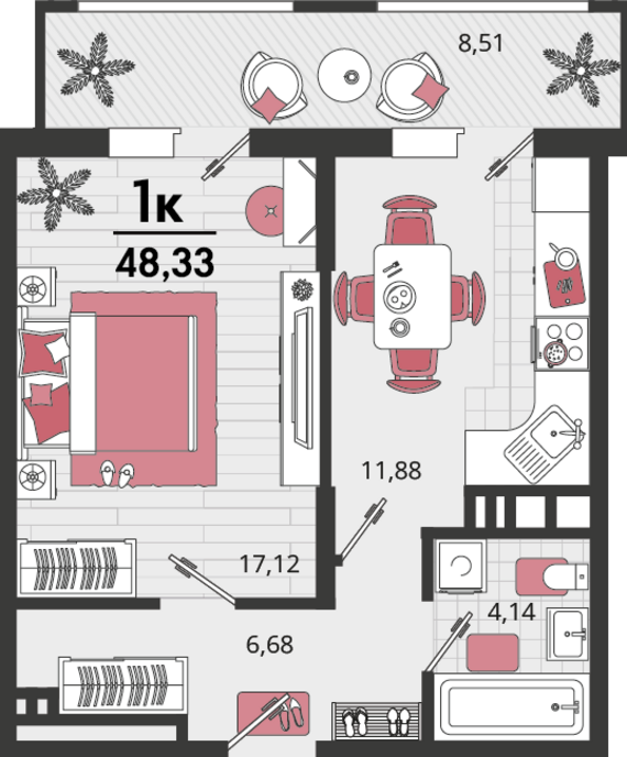 1-комнатная квартира №12 48,33 м2 от застройщика ГК ТОЧНО
