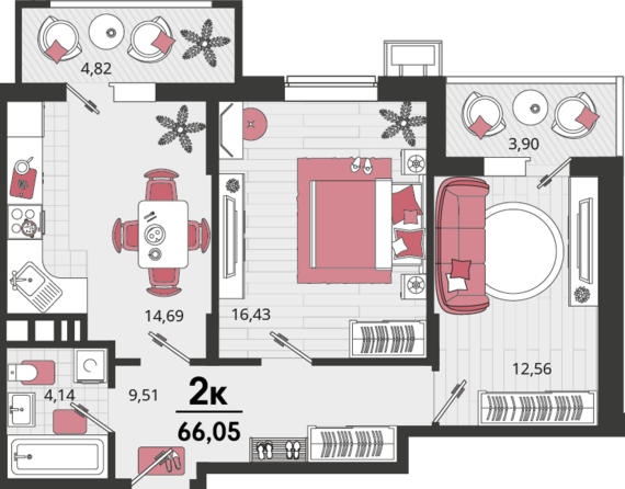 2-комнатная квартира №43 66,05 м2 от застройщика ГК ТОЧНО