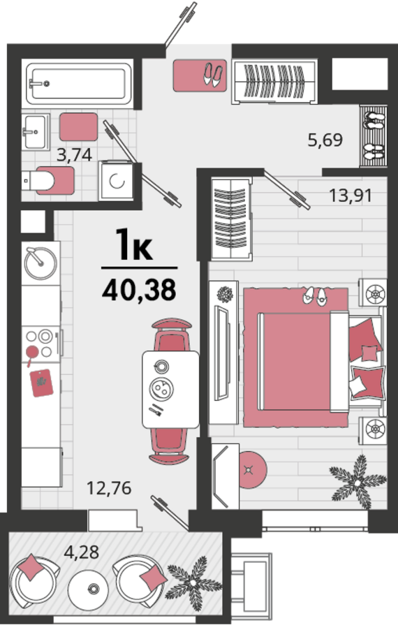 1-комнатная квартира №86 40,38 м2 от застройщика ГК ТОЧНО
