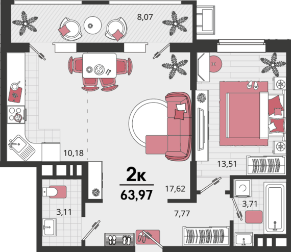 2-комнатная квартира №111 63,97 м2 от застройщика ГК ТОЧНО
