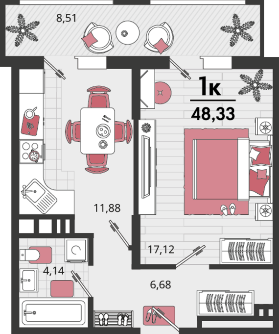 1-комнатная квартира №139 48,33 м2 от застройщика ГК ТОЧНО