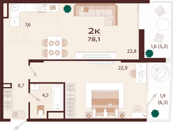 3-комнатная квартира №1 78,1 м2 от застройщика ГК ТОЧНО