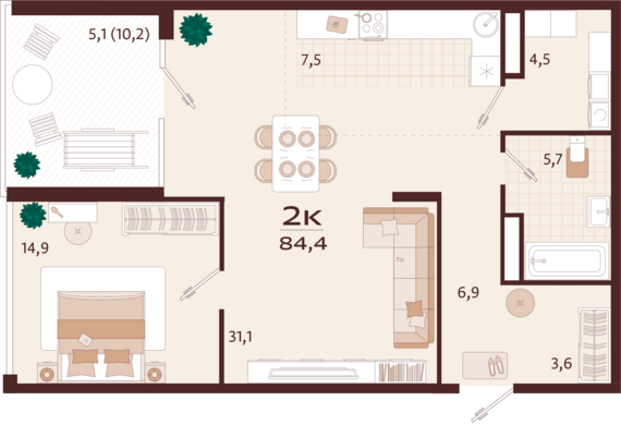 2-комнатная квартира №10 84,4 м2 от застройщика ГК ТОЧНО