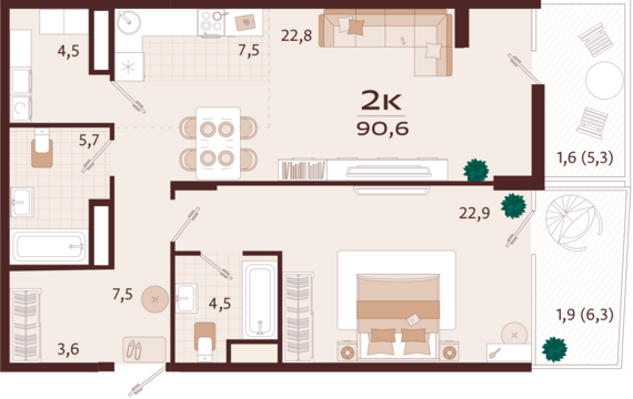 2-комнатная квартира №11 90,6 м2 от застройщика ГК ТОЧНО