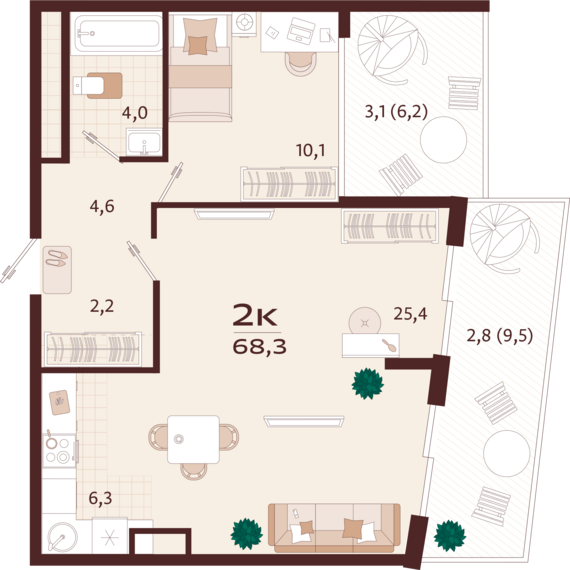 2-комнатная квартира №12 68,3 м2 от застройщика ГК ТОЧНО