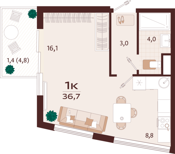 1-комнатная квартира №13 36,7 м2 от застройщика ГК ТОЧНО