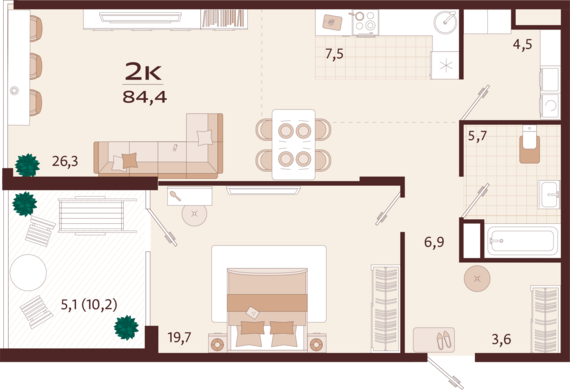 2-комнатная квартира №15 84,4 м2 от застройщика ГК ТОЧНО