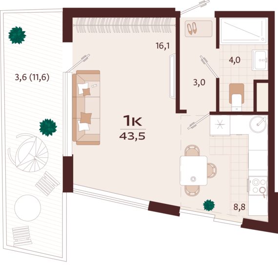 1-комнатная квартира №18 43,5 м2 от застройщика ГК ТОЧНО
