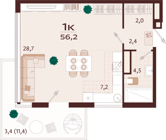 1-комнатная квартира №19 56,2 м2 от застройщика ГК ТОЧНО