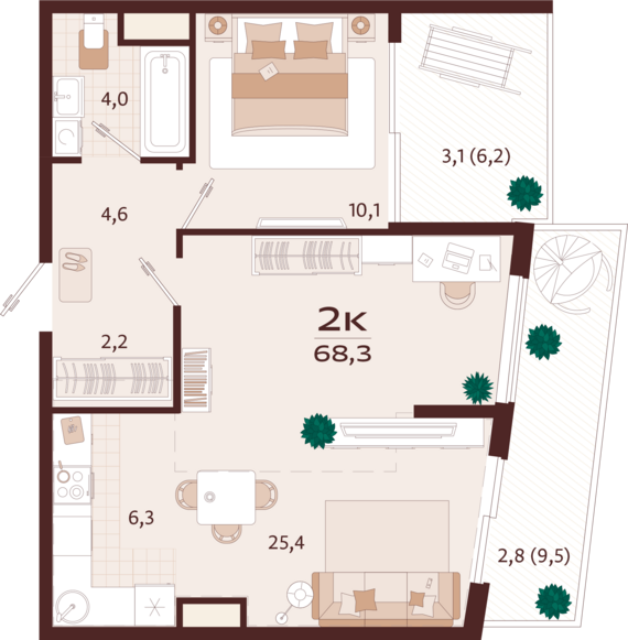 2-комнатная квартира №2 68,3 м2 от застройщика ГК ТОЧНО