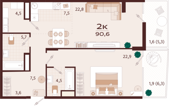 2-комнатная квартира №21 90,6 м2 от застройщика ГК ТОЧНО