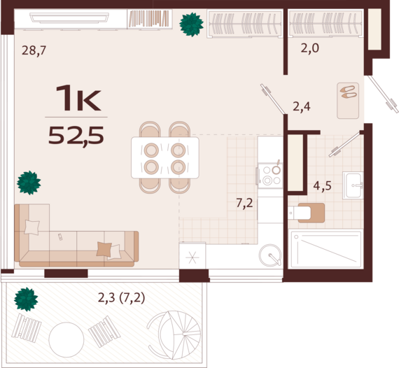 1-комнатная квартира №24 52,5 м2 от застройщика ГК ТОЧНО