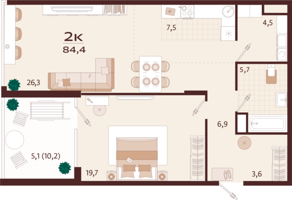 2-комнатная квартира №25 84,4 м2 от застройщика ГК ТОЧНО