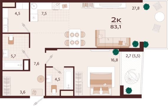 2-комнатная квартира №26 83,1 м2 от застройщика ГК ТОЧНО