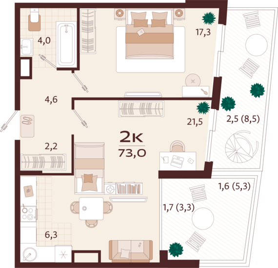 2-комнатная квартира №27 73 м2 от застройщика ГК ТОЧНО