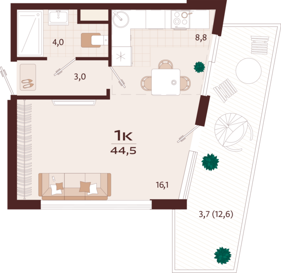 1-комнатная квартира №28 44,5 м2 от застройщика ГК ТОЧНО